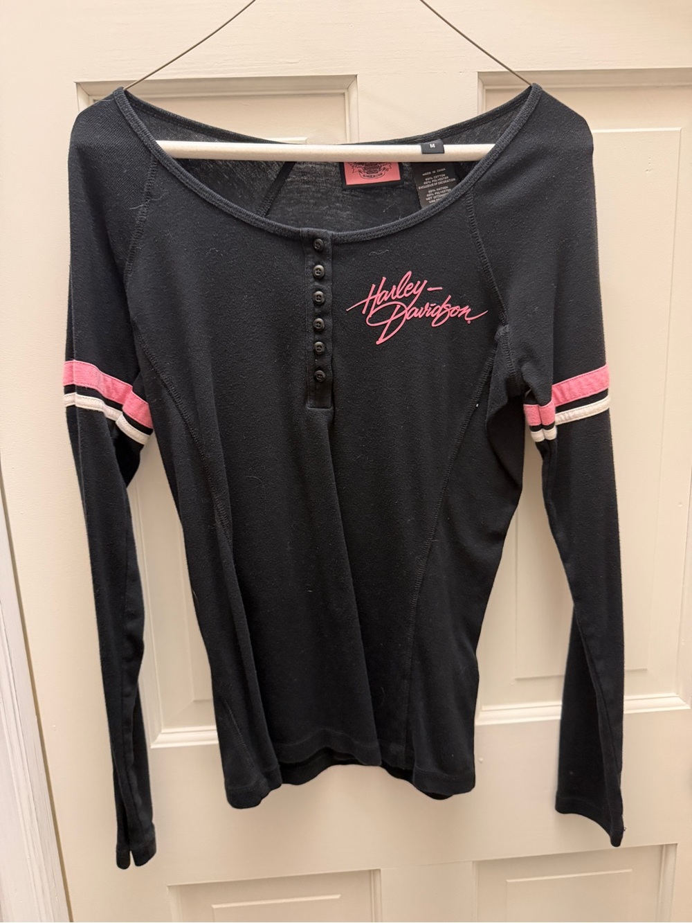 Harley-Davidson Black Long-Sleeve Henley with Pink Script and Sleeve Stripes